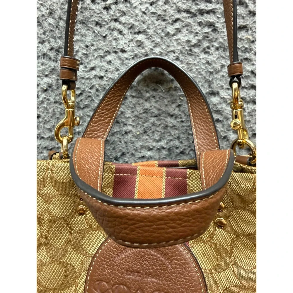 Coach Dempsey Tote Bag Signature Jacquard Stripe Coach Patch C8417 Khaki Red